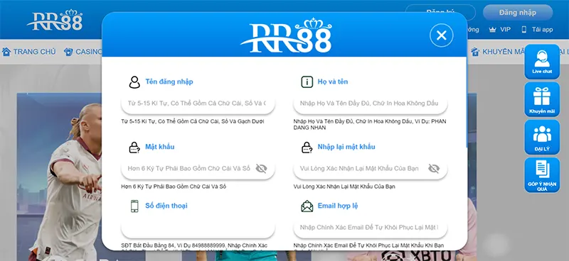 Bạn cần đăng ký tài khoản để tham gia đặt cược các trò chơi thể thao tại RR88
