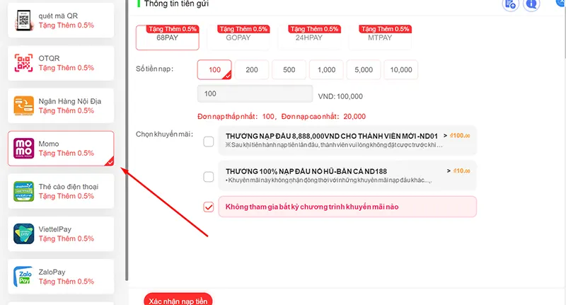 Nạp tiền RR88 qua Momo khá tiện lợi