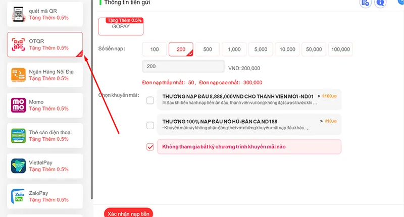 Lựa chọn phương thức nạp tiền RR88 qua OTQR