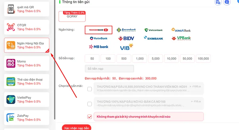 Chọn phương thức nạp tiền qua thẻ ngân hàng nội địa