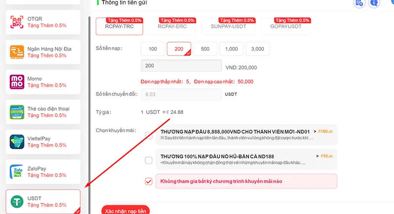 Nạp tiền tài khoản RR88 bằng tiền ảo USDT